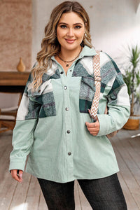 Thumbnail for Plus Size Plaid Snap Down Jacket with Pockets