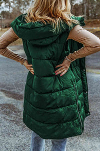 Thumbnail for Longline Hooded Sleeveless Puffer Vest