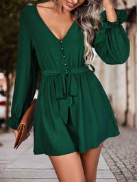 Thumbnail for Long Flounce Sleeve V-Neck Romper