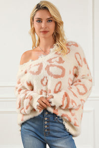 Thumbnail for Leopard V-Neck Dropped Shoulder Sweater