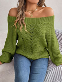 Thumbnail for Openwork Off-Shoulder Long Sleeve Sweater