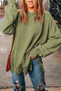 Thumbnail for Dropped Shoulder Round Neck Long Sleeve Blouse