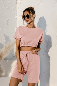 Thumbnail for Short Sleeve Cropped Top and Drawstring Shorts Lounge Set