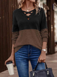 Thumbnail for Two-Tone Crisscross Detail Sweatshirt