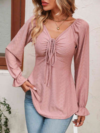 Thumbnail for Tie Front V-Neck Puff Sleeve Blouse