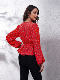 Thumbnail for Floral V-Neck Balloon Sleeve Peplum Blouse