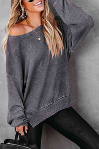 Thumbnail for Waffle Knit Side Slit Drop Shoulder Sweatshirt