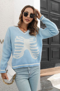 Thumbnail for Skeleton Pattern V-Neck Long Sleeve Pullover Sweater