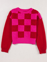 Thumbnail for Plaid Heart Round Neck Sweater