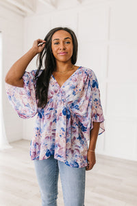Thumbnail for Fabled in Floral Draped Peplum Top in Blue