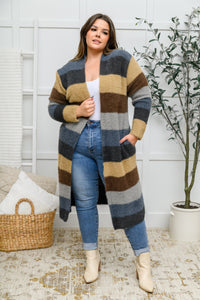 Thumbnail for Fuzzy Longline Cardigan In Blue & Cocoa