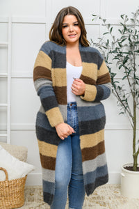 Thumbnail for Fuzzy Longline Cardigan In Blue & Cocoa