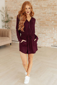 Thumbnail for Getting Out Long Sleeve Hoodie Romper in Maroon