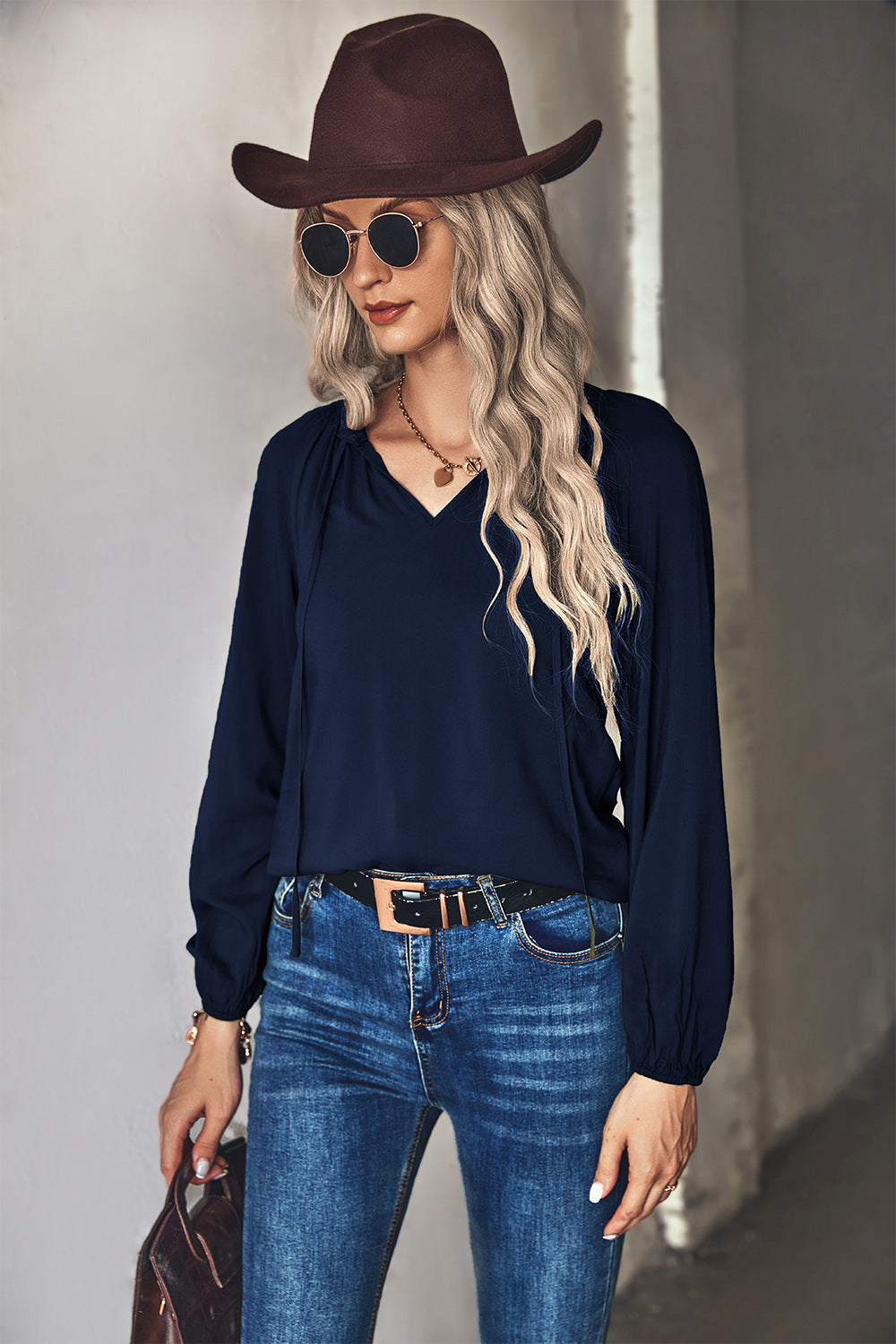 Gathered Detail Tie-Neck Blouse