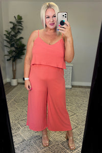 Thumbnail for Ribbed Double Layer Jumpsuit in Deep Coral