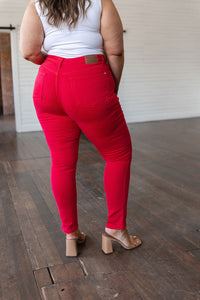 Thumbnail for Ruby High Rise Control Top Garment Dyed Skinny Jeans in Red