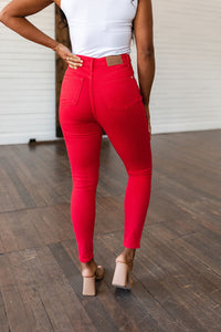 Thumbnail for Ruby High Rise Control Top Garment Dyed Skinny Jeans in Red