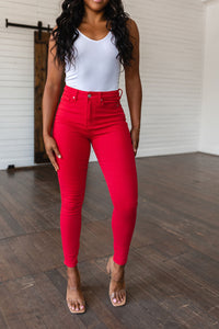 Thumbnail for Ruby High Rise Control Top Garment Dyed Skinny Jeans in Red