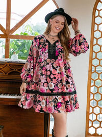 Thumbnail for Plus Size Printed Tie Neck Ruffle Hem Dress