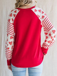 Thumbnail for Heart Striped Quarter Button Long Sleeve T-Shirt