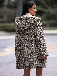 Thumbnail for Leopard Print Hooded Teddy Coat