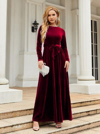 Thumbnail for Tie Front Round Neck Long Sleeve Maxi Dress