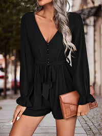 Thumbnail for Long Flounce Sleeve V-Neck Romper