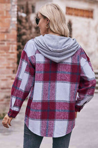 Thumbnail for Plaid Dropped Shoulder Hooded Jacket