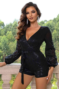 Thumbnail for Sequin Tie Waist Long Sleeve Romper