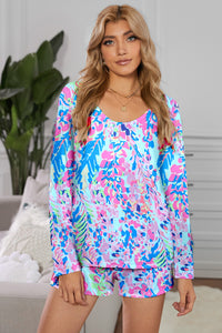 Thumbnail for Round Neck Printed Top and Shorts Lounge Set