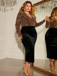 Thumbnail for Plus Size Surplice Neck Long Sleeve Slit Dress