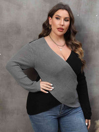 Thumbnail for Plus Size Two-Tone Surplice Neck Sweater