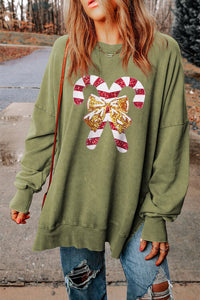 Thumbnail for Sequin Candy Cane Round Neck Slit Sweatshirt