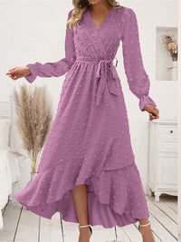 Thumbnail for Swiss Dot Tie Waist Flounce Sleeve Dress