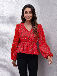 Thumbnail for Floral V-Neck Balloon Sleeve Peplum Blouse