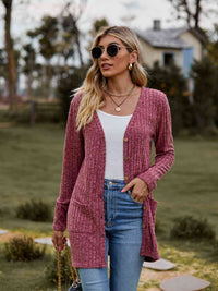 Thumbnail for Ribbed Button-Up Cardigan with Pockets