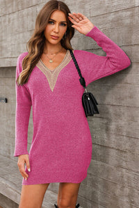 Thumbnail for V-Neck Long Sleeve Mini Sweater Dress