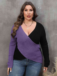 Thumbnail for Plus Size Two-Tone Surplice Neck Sweater