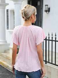 Thumbnail for Eyelet Tie Neck Flutter Sleeve Blouse