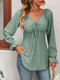 Thumbnail for Tie Front V-Neck Puff Sleeve Blouse