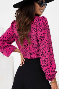 Thumbnail for Leopard Round Neck Balloon Sleeve Blouse