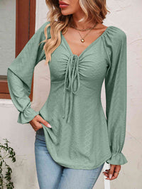 Thumbnail for Tie Front V-Neck Puff Sleeve Blouse