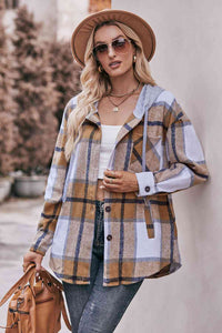 Thumbnail for Plaid Dropped Shoulder Hooded Jacket