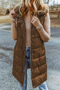 Thumbnail for Longline Hooded Sleeveless Puffer Vest