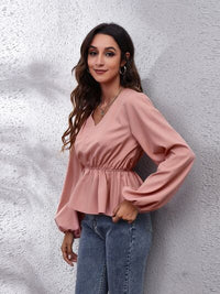 Thumbnail for V-Neck Balloon Sleeve Peplum Blouse