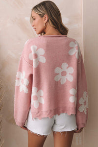 Thumbnail for Flower Pattern Pearl Detail Rolled Slit Sweater