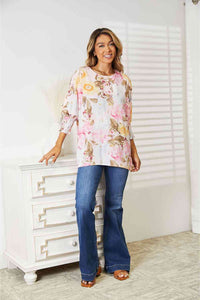 Thumbnail for Double Take Floral Round Neck Three-Quarter Sleeve Top