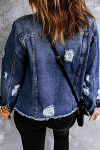 Thumbnail for Mixed Print Distressed Button Front Denim Jacket