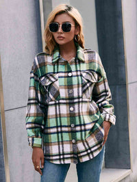 Thumbnail for Meet You Outside Plaid Button Down Curved Hem Shacket