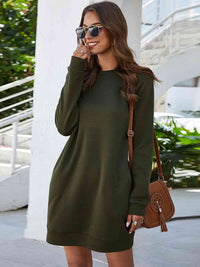 Thumbnail for Round Neck Long Sleeve Mini Dress with Pockets